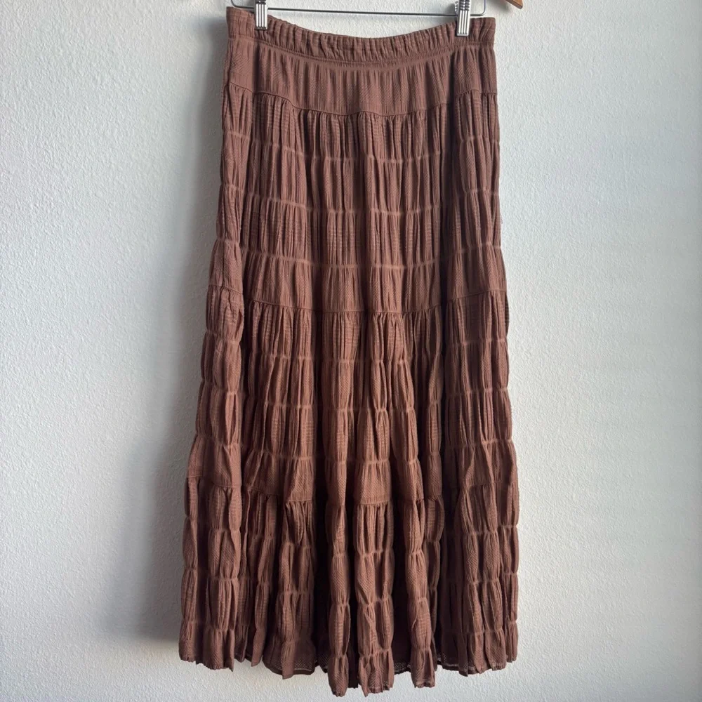 NWT Max Studio Texture Cotton Neutral Brown Tiered Maxi Skirt Earth Toned Boho S - Picture 2 of 8